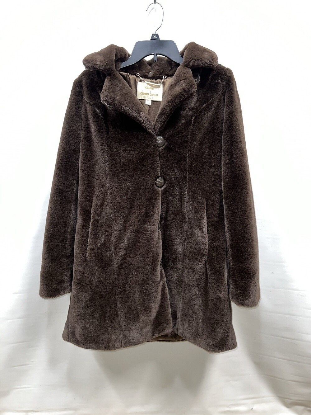 Dennis Basso Gold Faux Fur Coat Women’s XXS Brown Hooded Button Up Lined Pockets